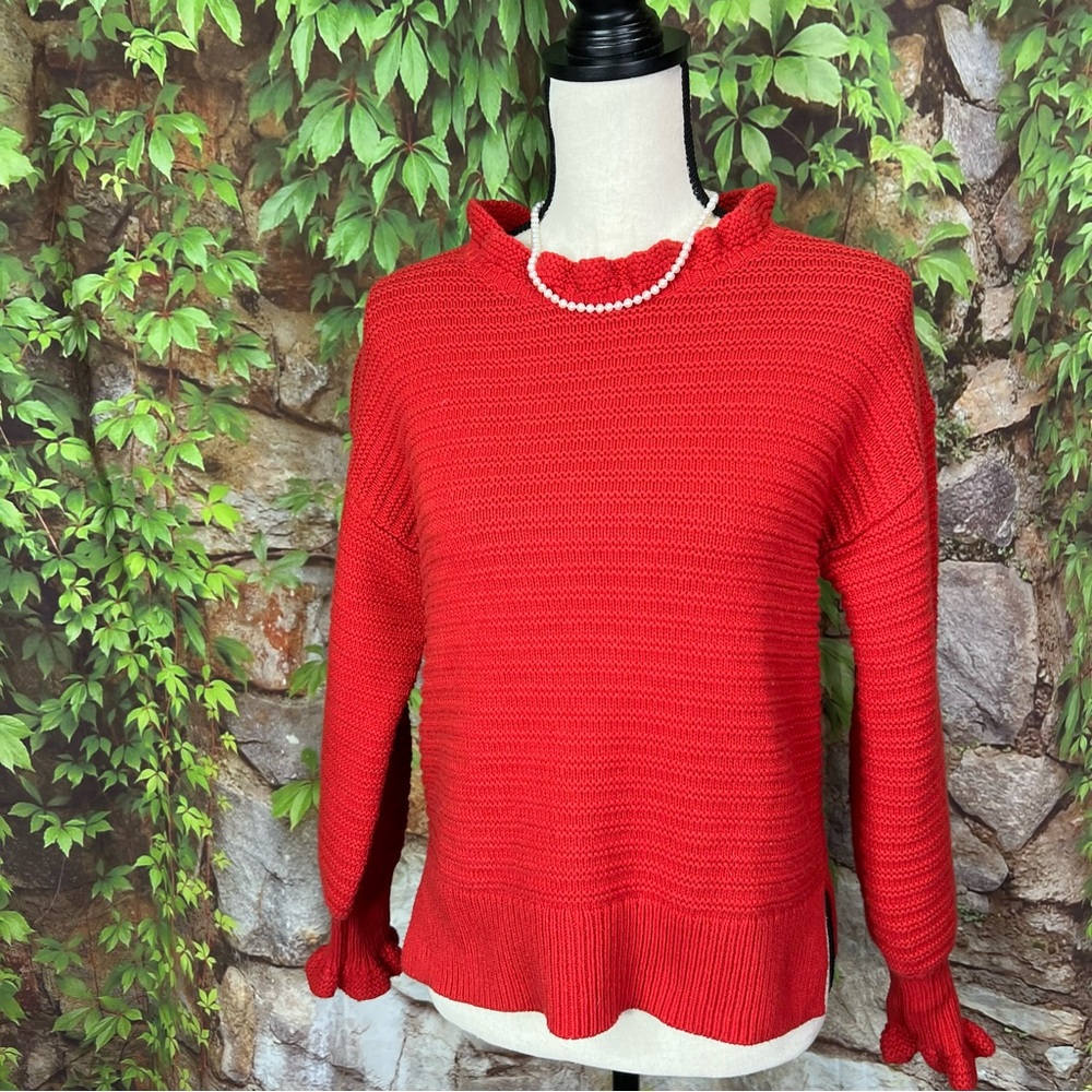 MADEWELL Red Ruffle-Trimmed Rib Knit Sweater, S - Picture 2 of 10